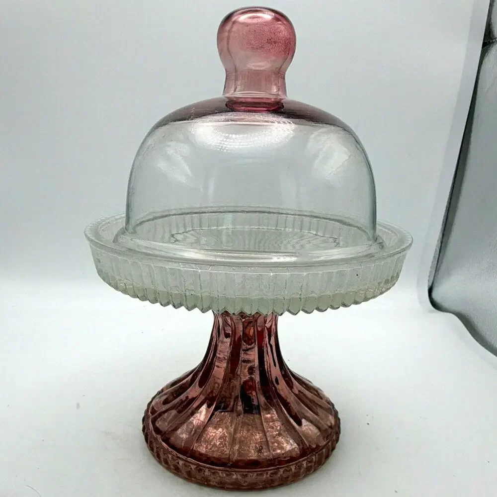 Clear & Pink Glass Pedestal Cake Stand w/ Round Dome Lid Cloche 2pc